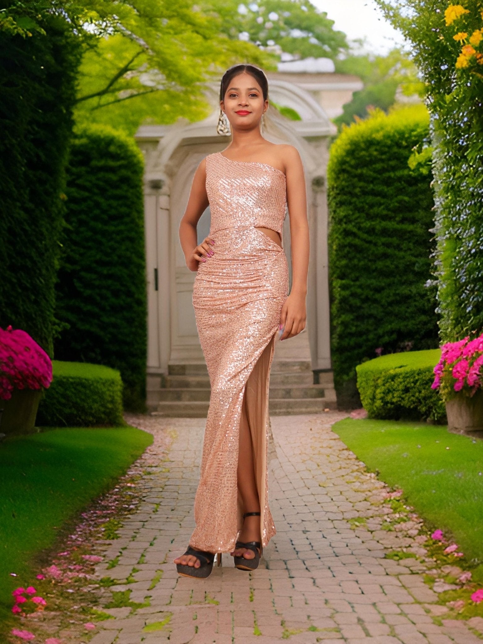 Sequins One - Shoulder Maxi Party Dress by Shreekama - Vastrify